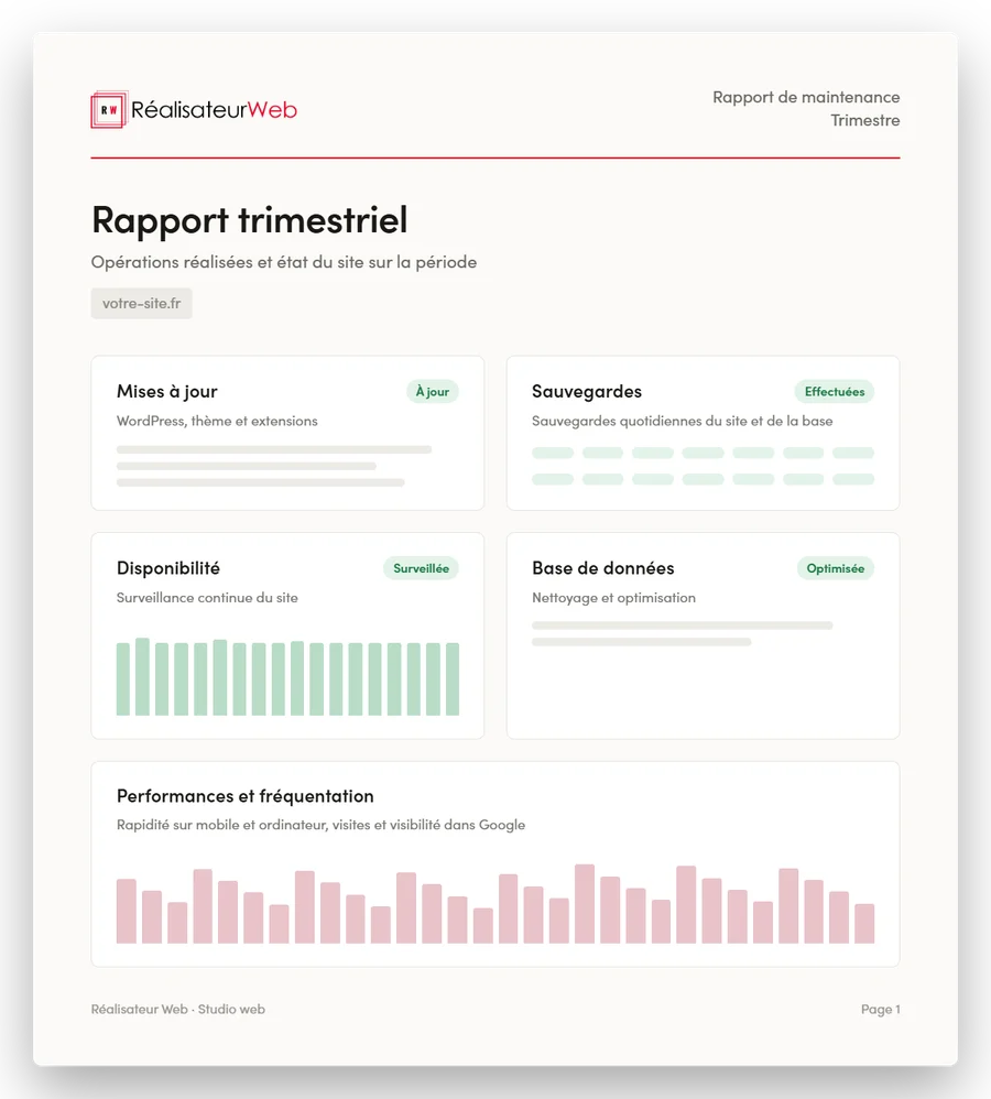 Exemple de rapport trimestriel de maintenance : mises à jour, sauvegardes, disponibilité, base de données et performances