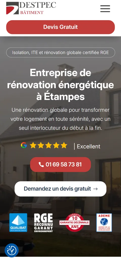 DESTPEC Bâtiment, le site sur mobile